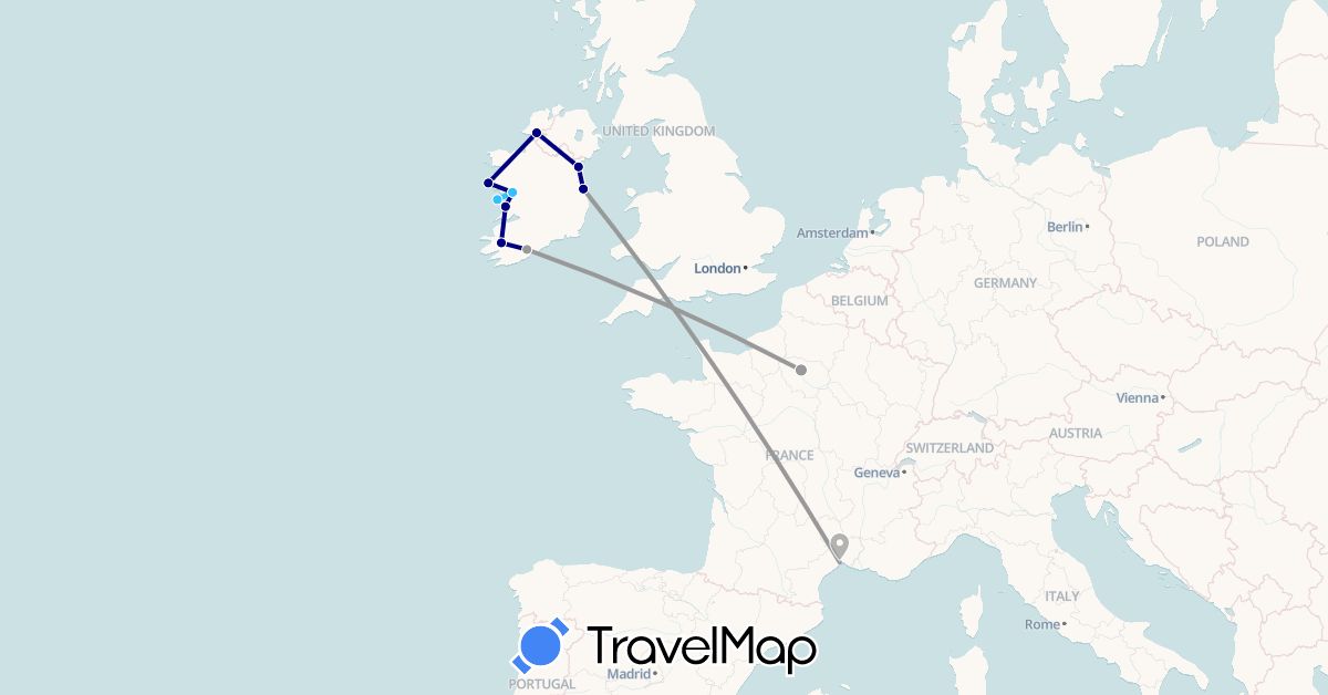 TravelMap itinerary: driving, plane, boat in France, Ireland (Europe)
